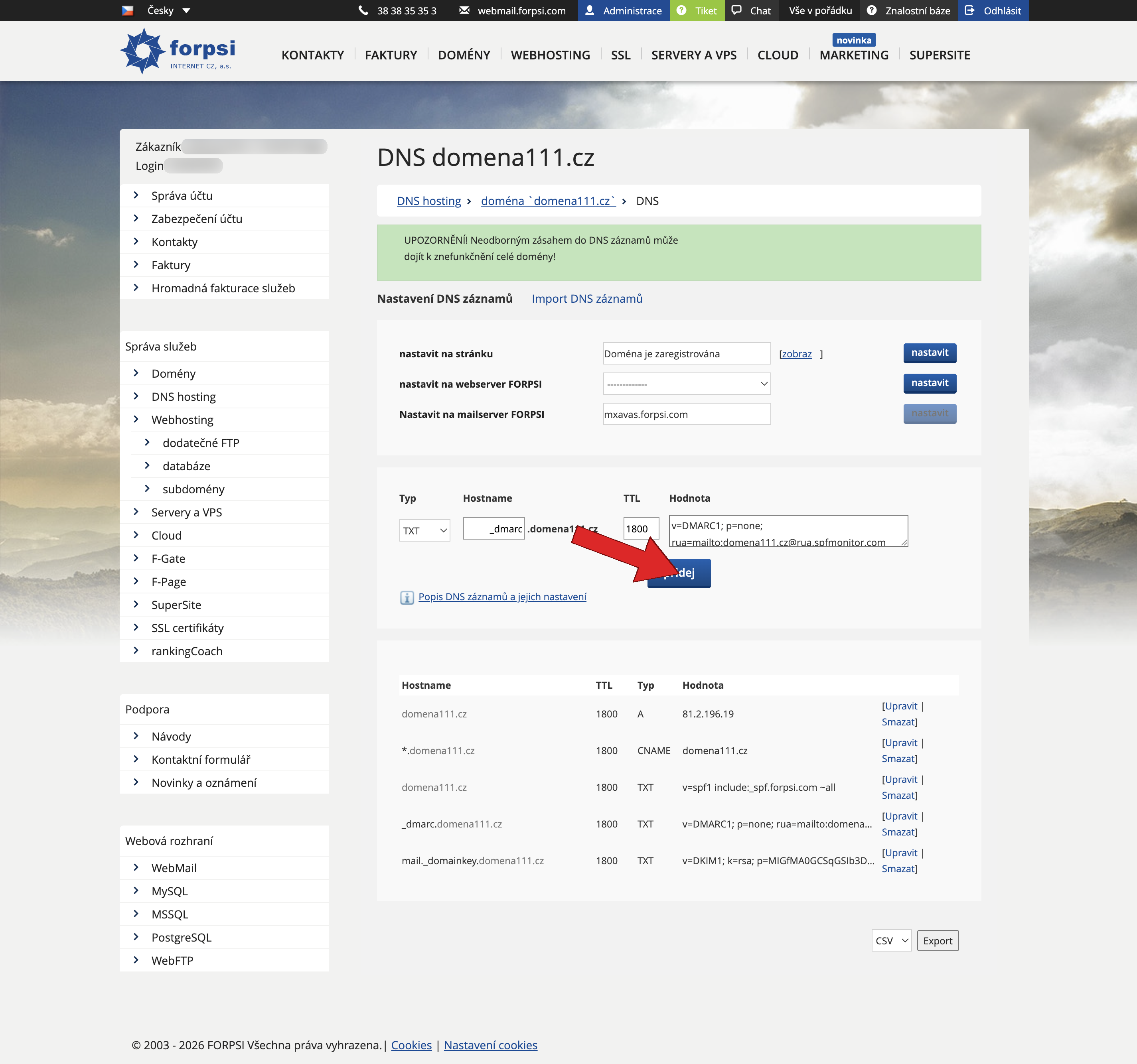 Krok 4: Formulář s vyplněným DMARC záznamem