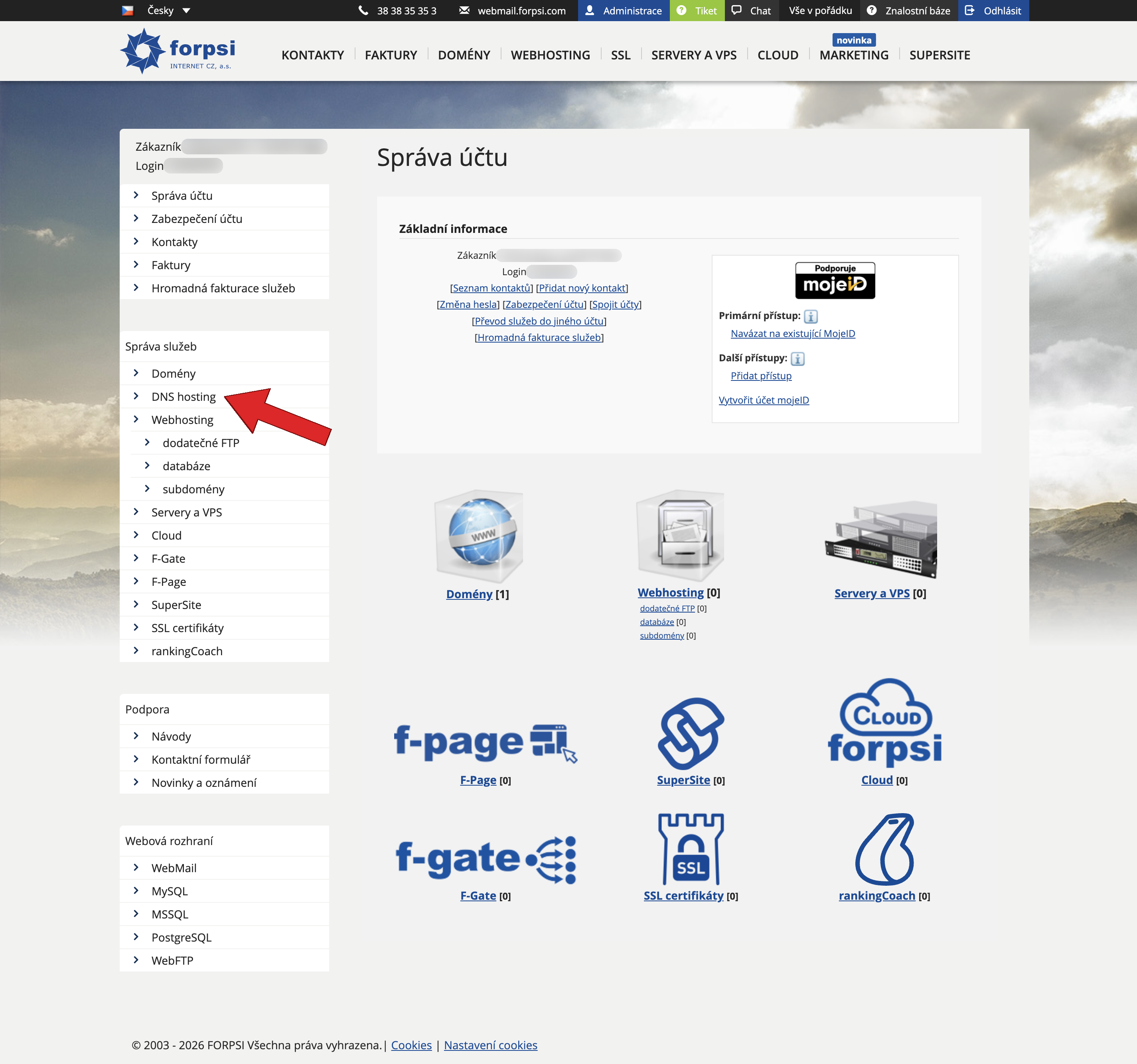 Administrace FORPSI — hlavní stránka po přihlášení