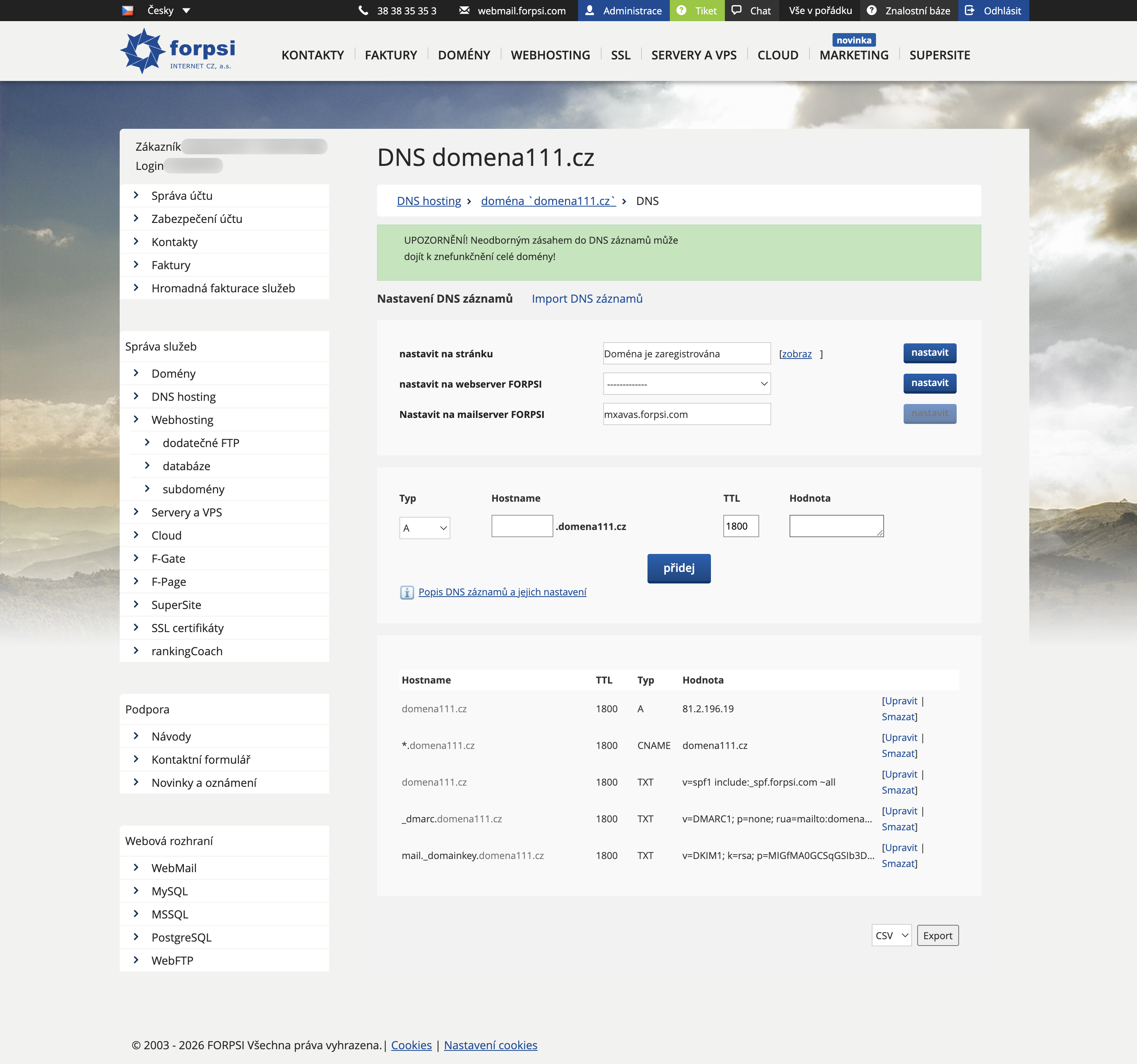 Krok 5: SPF záznam uložený v tabulce DNS záznamů