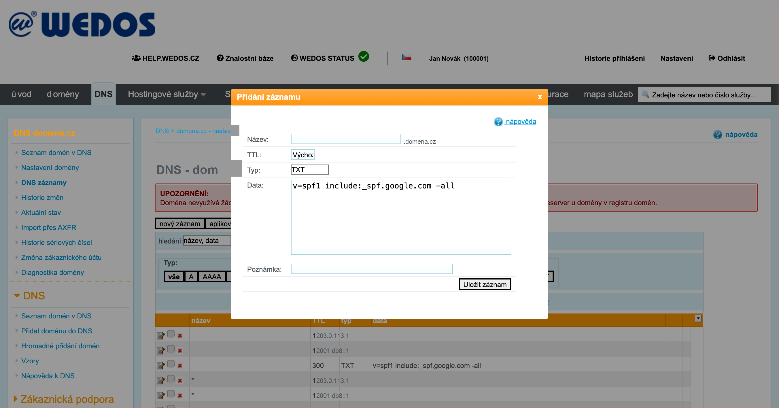 Krok 3: Vyplněný formulář pro přidání SPF záznamu