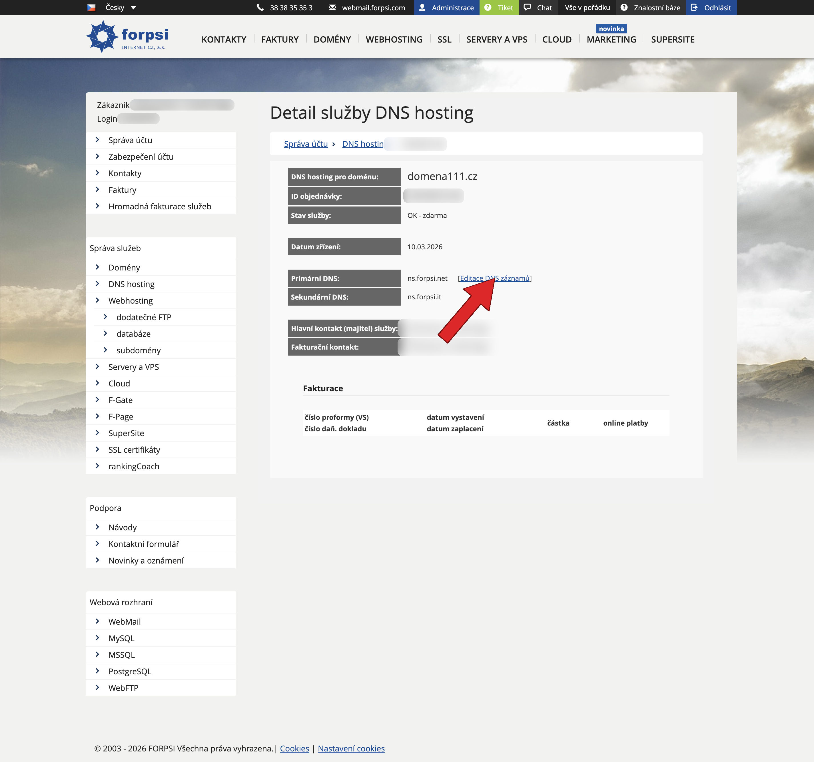 Krok 3: Detail služby DNS hosting