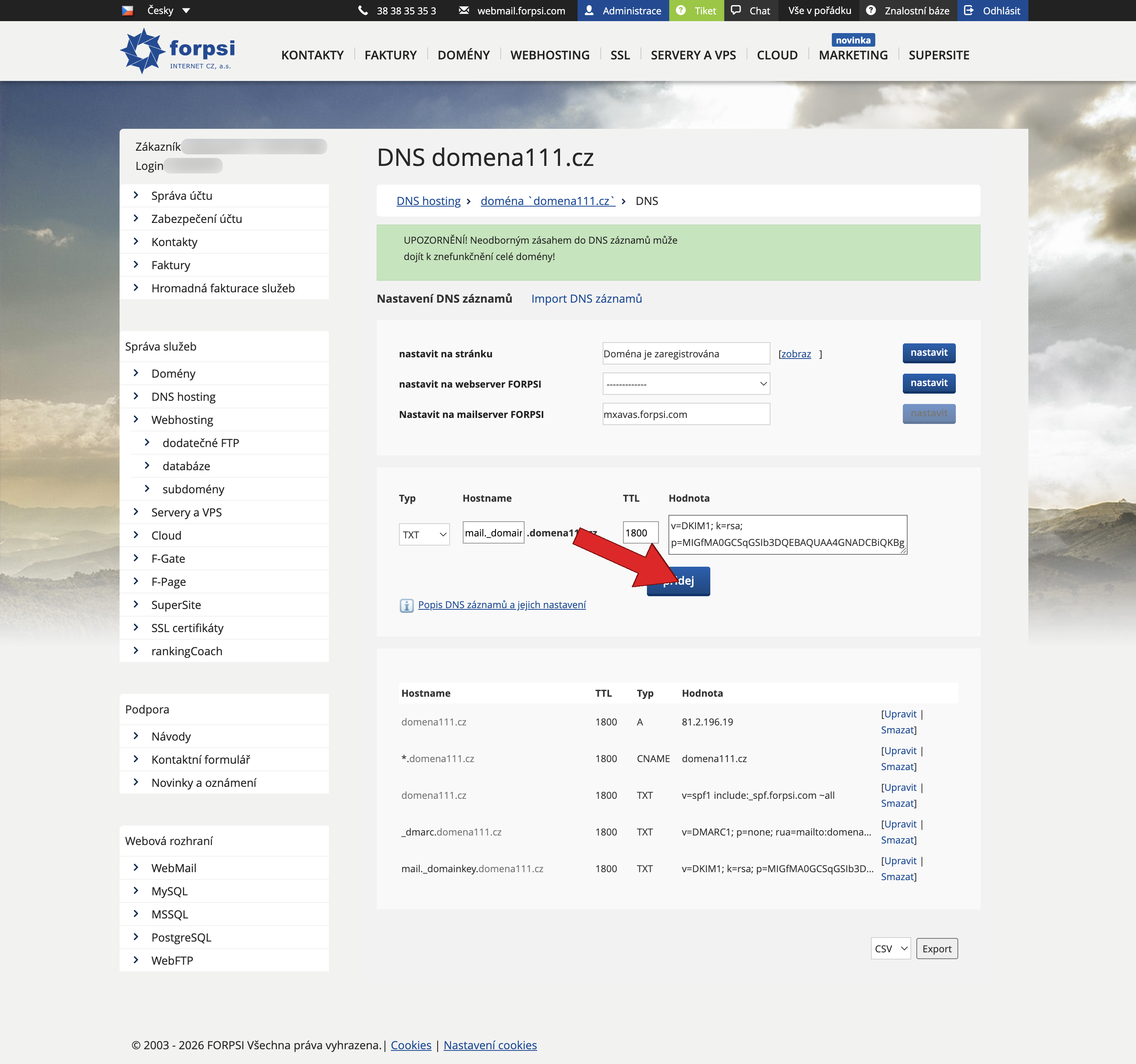 Krok 4: Formulář s vyplněným DKIM záznamem