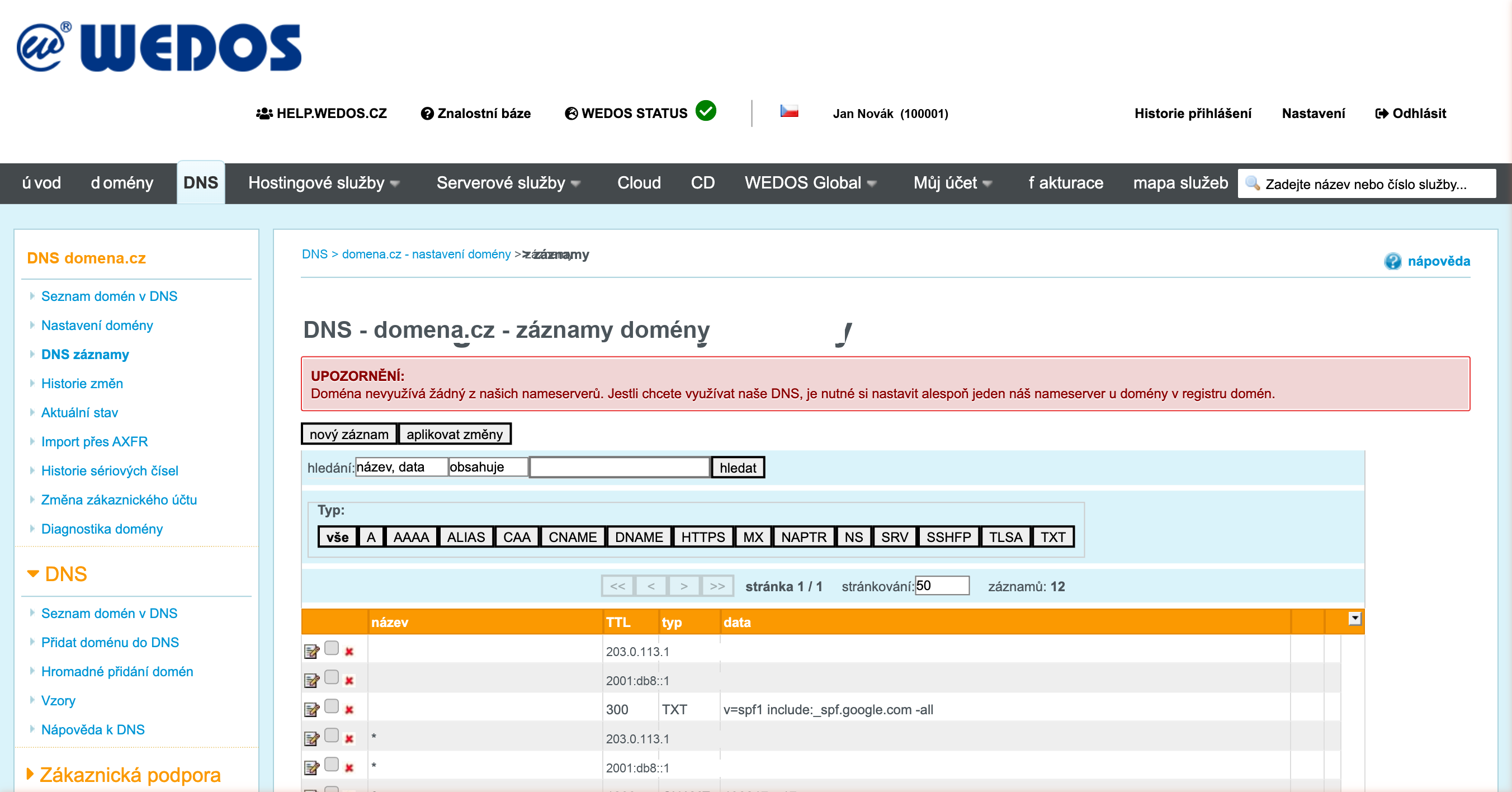 Krok 2: Seznam DNS záznamů domény