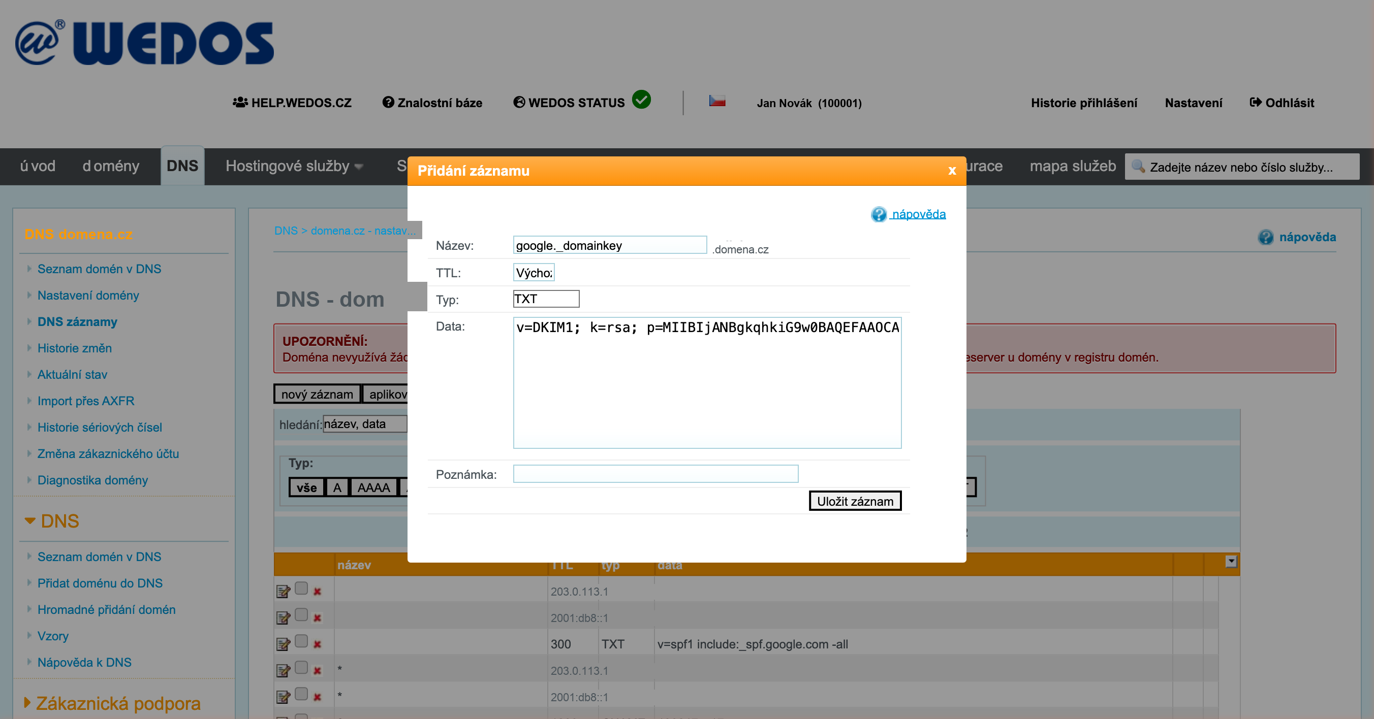 Krok 3: Vyplněný formulář pro přidání DKIM záznamu